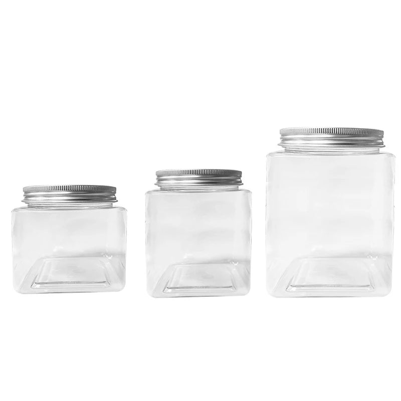 Cosmetic Packaging Empty Container Empty Bath Salt Candy Food Square 400ml 500ml Clear PET Plastic Jar with Aluminum Lid