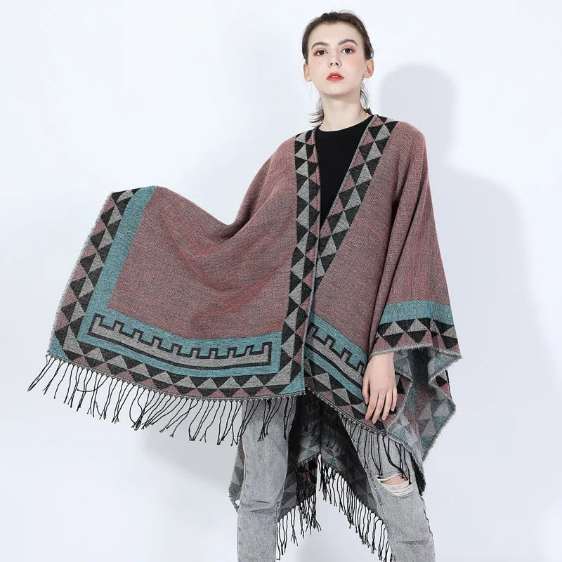 BESTELLA Women's New Fashion Reversible Oversized Faux Cashmere Blanket Cape Shawl Coat Geometric Pattern Poncho for Autumn