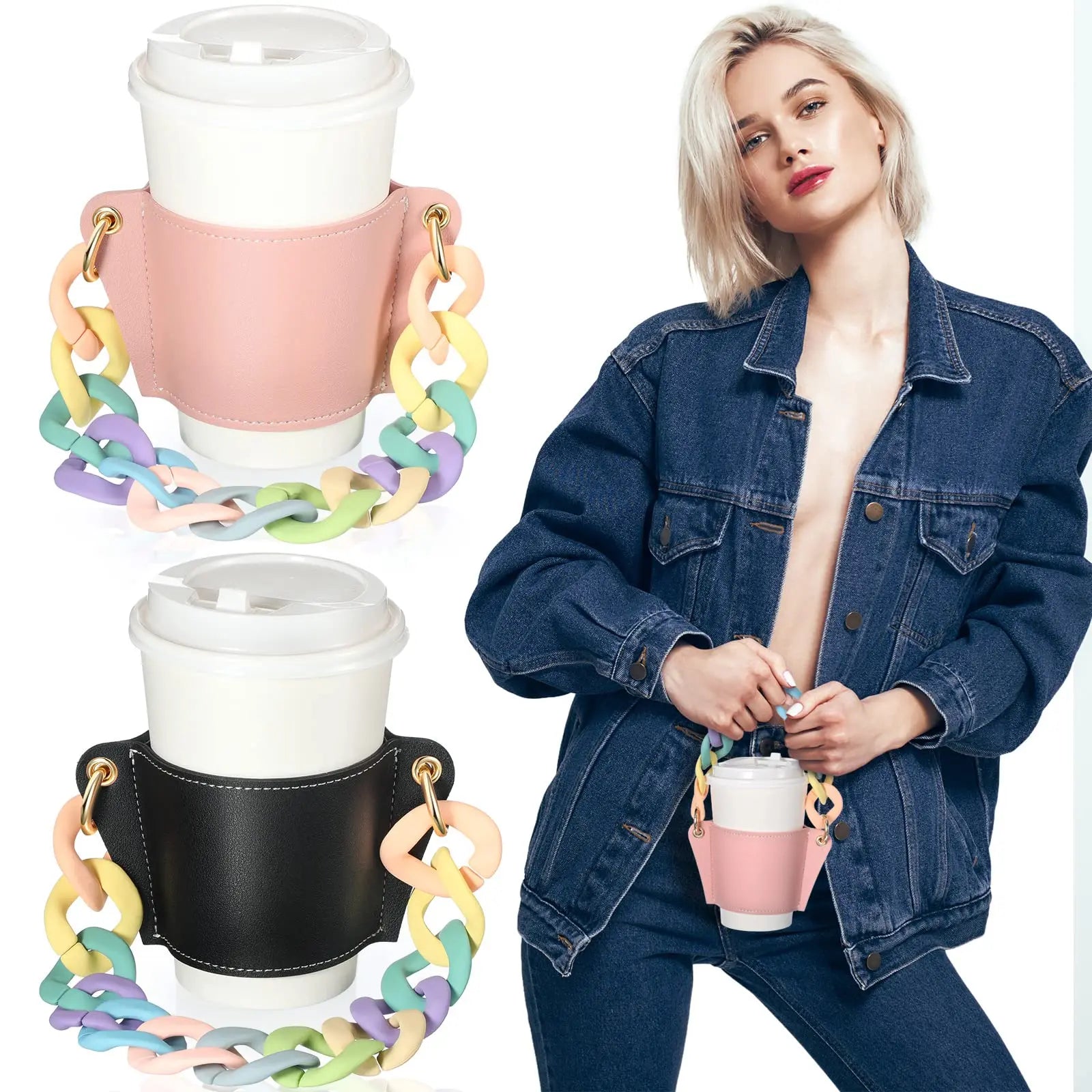 Hot Sale Cold Drink Coffee Cup Sleeve Leather Portable Cup Travel Coffee Carrier Holder Reusable Cup Sleeve with Strap