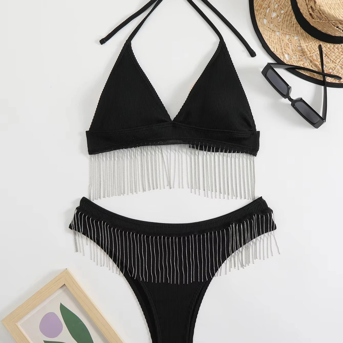 European American Custom Women's Two Piece Set Solid Bandeau Bikini with High Waist Handmade Swimsuit 2025