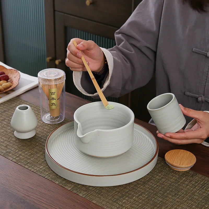4PCS 5PCS Traditional Matcha Set Japanese Ceremonial Matcha Bowl Full Kit with Ceramic Matcha Bowl Bamboo Whisk Spout Holder