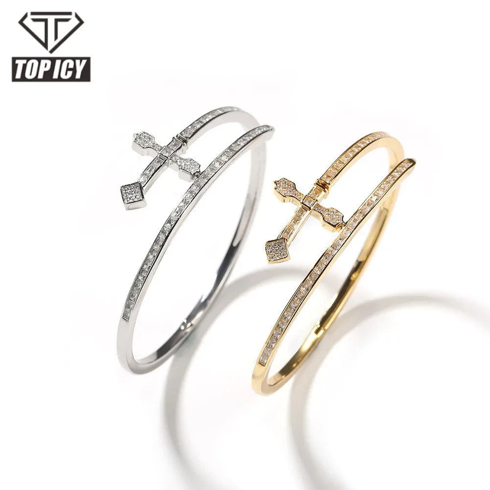 Top Icy Iced Out Wholesale Jewelry Adjustable Cross Bracelets Brass 18K Gold Plated 5A Bling CZ Diamond Bangle Bracelets
