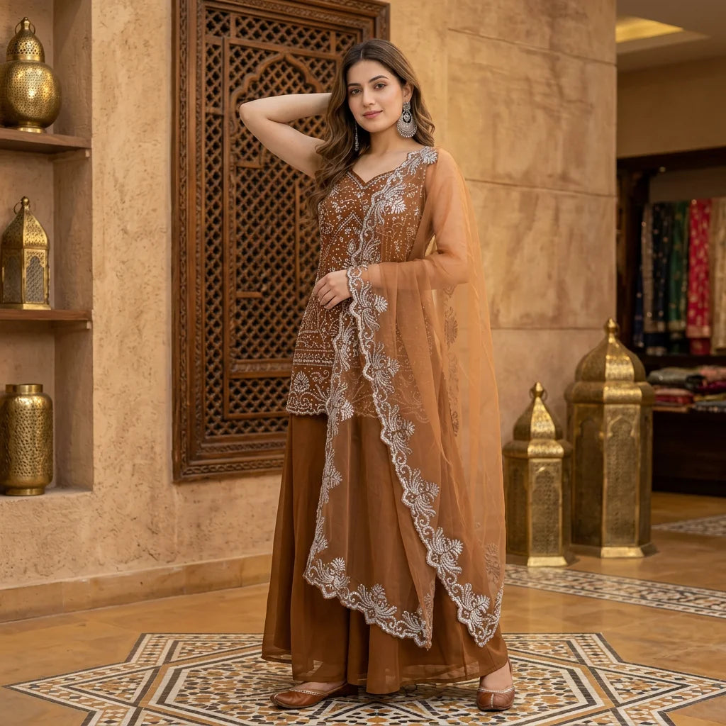 TENNECY Women's Wedding Diwali Party Wear Designer Georgeet Embroidery Sequences Work 3-Piece Reversible Wrinkle-Free Salwar MegaBDM