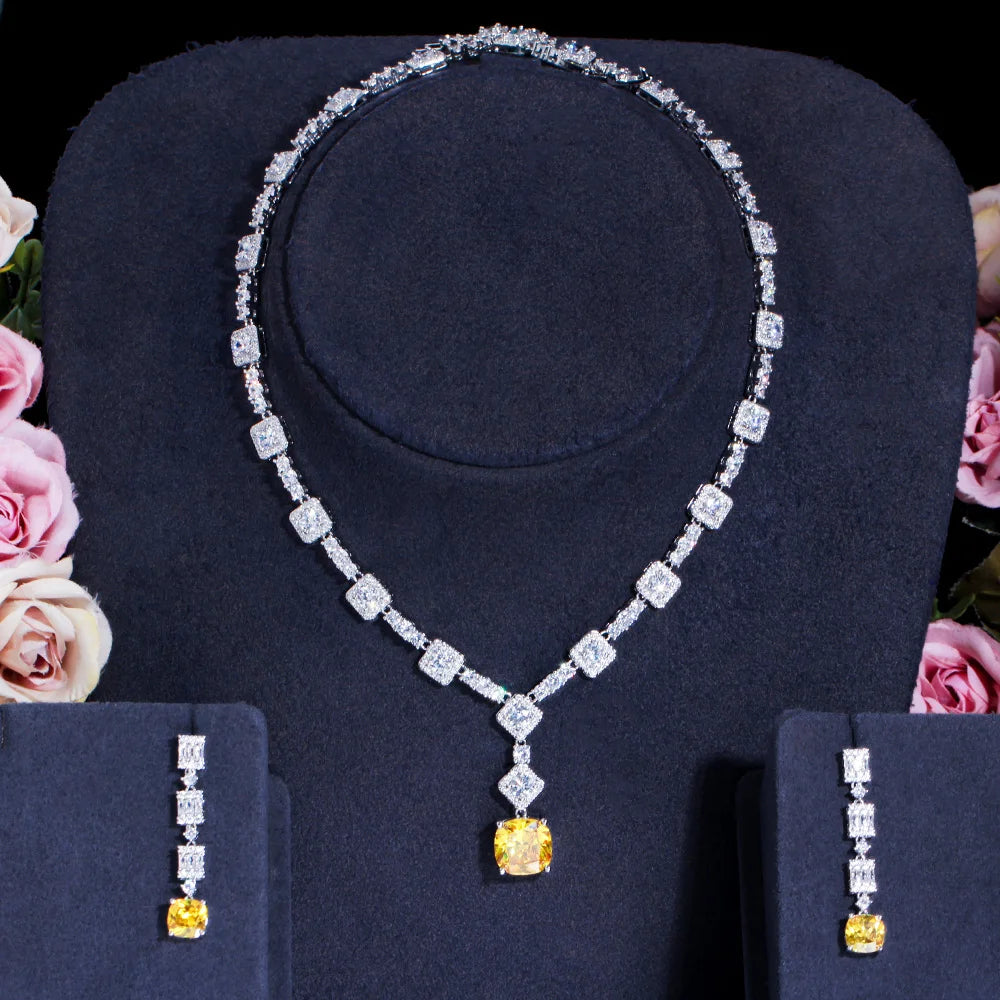 Dazzling Yellow Princess Cut Cubic Zircon Drop Bridal Earrings and Necklace Set for Women Wedding Party Luxury Jewelry Sets Gift