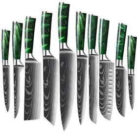 10 Pcs Chef's Knife Set Stainless Steel Professional Damascus Pattern Kitchen Knifes Set Pakka Wood Handle