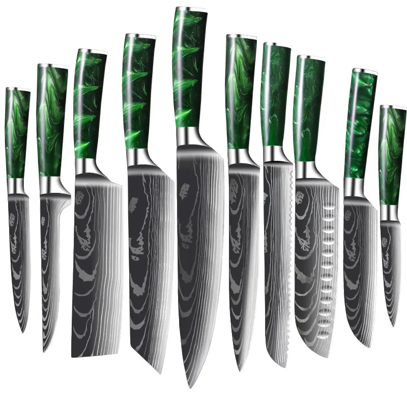 10 Pcs Chef's Knife Set Stainless Steel Professional Damascus Pattern Kitchen Knifes Set Pakka Wood Handle
