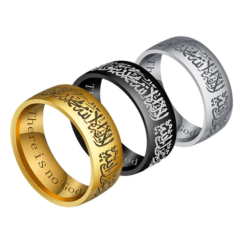 Middle Eastern Wholesale Gold Silver Black 8mm Islamic Ring Titanium Steel Muslim Religious Ring for Men