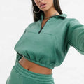 OEM Autumn Streetwear Fashion Women's Quarter Zip Fleece Front Logo Sweatshirt Crop Hoodies