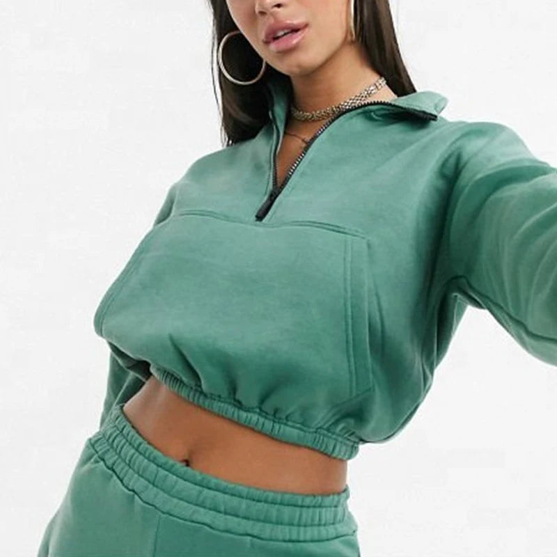 OEM Autumn Streetwear Fashion Women's Quarter Zip Fleece Front Logo Sweatshirt Crop Hoodies