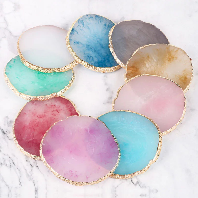 Wholesale New Arrival Multi Colors Agate Round Resin Coasters with Gold Edging