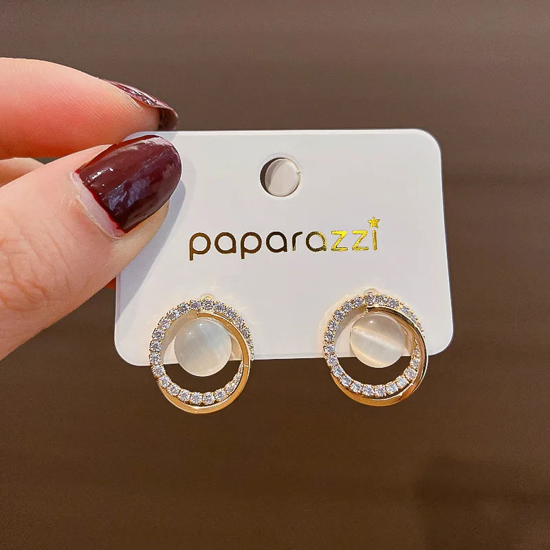 HOVANICI Ins Style Sweet Delicate Crystal Round Shape Opal Stud Earrings Multilayer Geometry Square Shape Opal Post Earrings