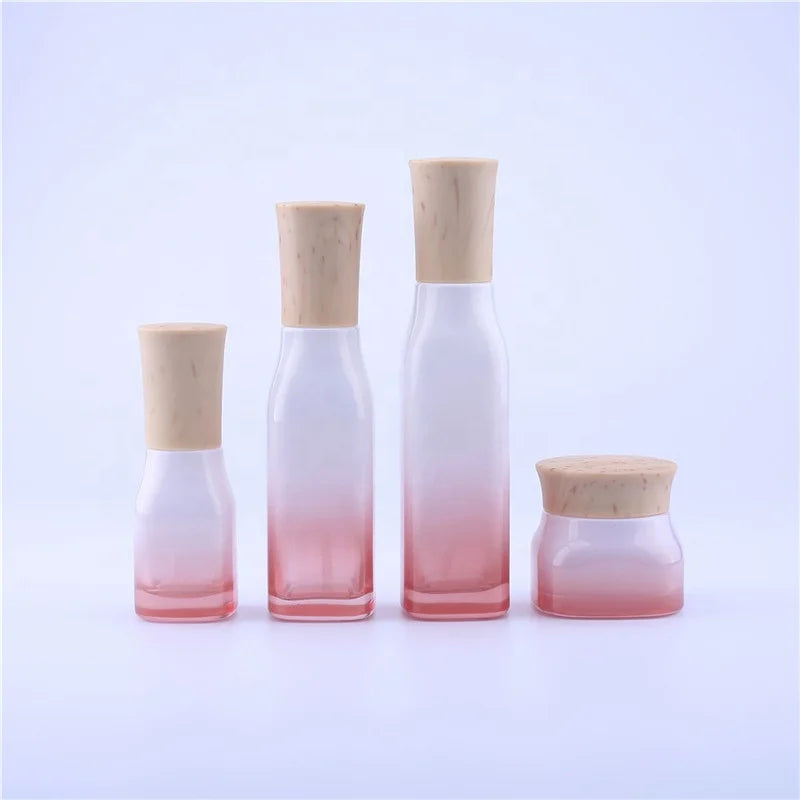 New Cosmetics Sub-bottling Cherry Blossom Red Wood Grain Cover Perfume & Cream Press Glass Packaging Bottle with Sprayer Pump