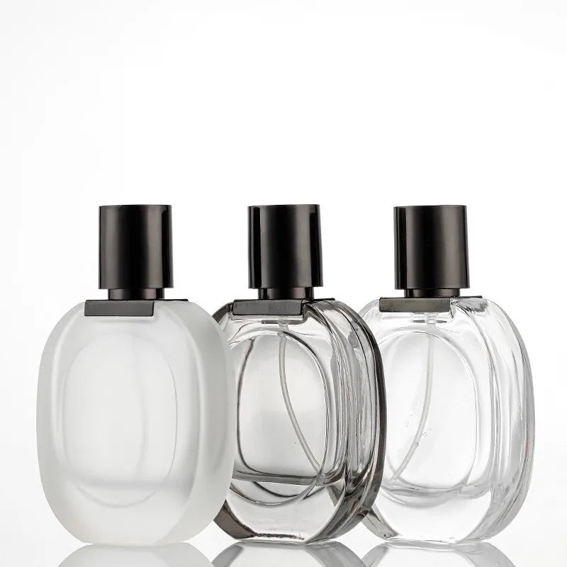 30ml Oval Shape Empty Frosted Clear Cosmetic Glass Bottle Luxury Perfume Spray Bottles with Black Cap