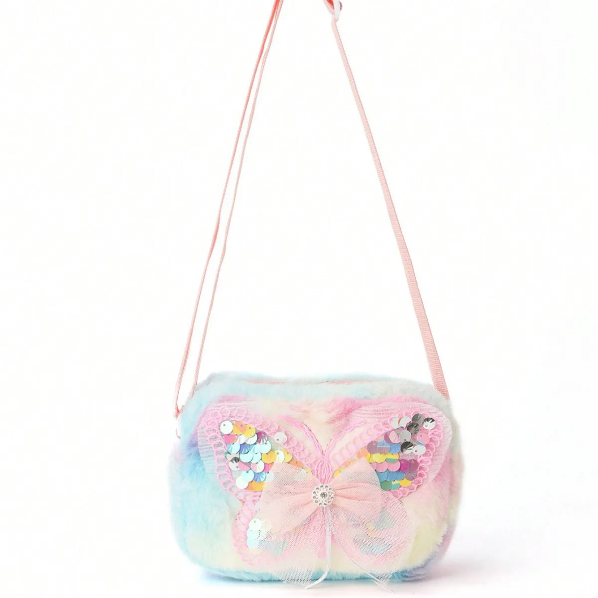 Girl's Pink Butterfly Cartoon Print Crossbody Bag Kawaii Cute Small Square Fluffy Outing Bag