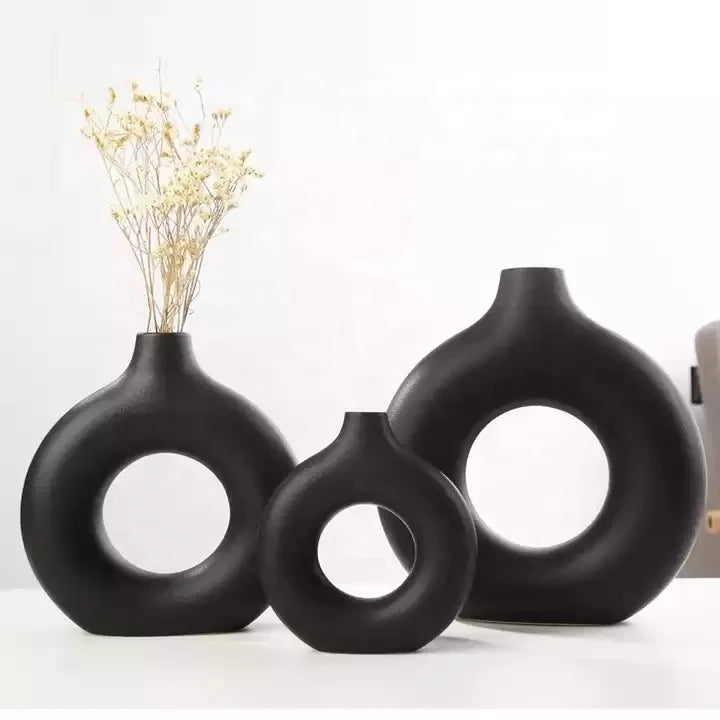 White Pink Black Bohemian Wholesale Bulk Ceramic Porcelain Eco-friendly Round Hollow Doughnut Donut Circle Flower Vases