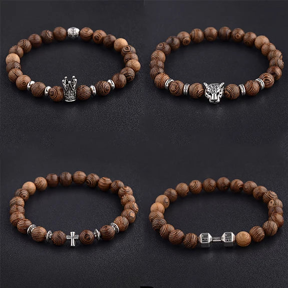 Men's Wood Bangle Silver Plated King Crown Leopard Head Cross Tortoise Bead Charm Anniversary Bracelet