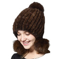 MWFur Mink Fur Knitted Hat With Fox Hair Ball Fur Cap Thick Winter Warm Hat Female Fur Hats Earmuffs Cap Fashion