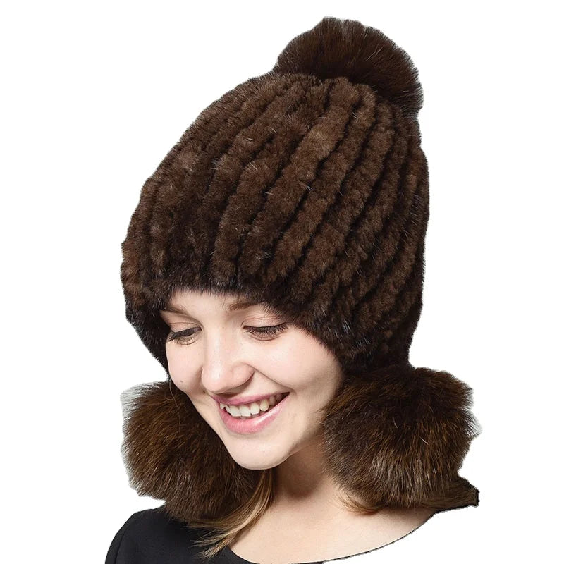 MWFur Mink Fur Knitted Hat With Fox Hair Ball Fur Cap Thick Winter Warm Hat Female Fur Hats Earmuffs Cap Fashion