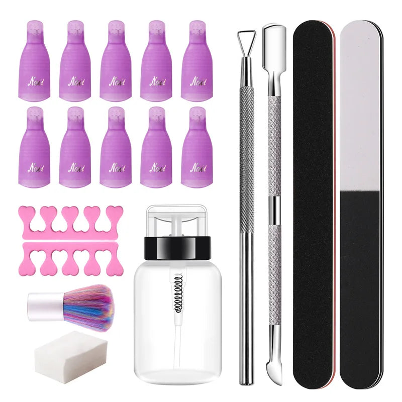 TAMAX NAK018 Reusable Gel Nail Polish Kit 10 Clip 2pcs Stainless Steel Nails Pusher 1 Dust Cleanser Bottle 2 Buffer Toe