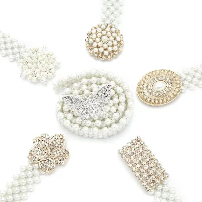 Fashion Elegant Simple Pearl Belts With Butterfly Design Rhinestone Pearl Women Waist Elastic Belt in Stock