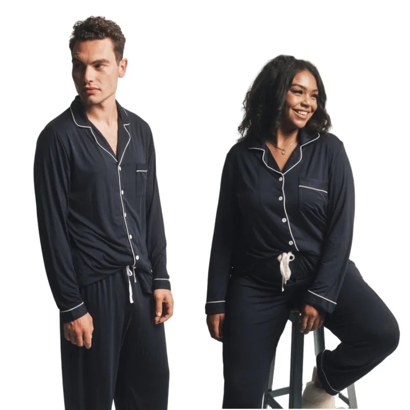 Customized Sleepwear Classic White Piping Cotton Modal Shrink Free Pajama Set for Couples