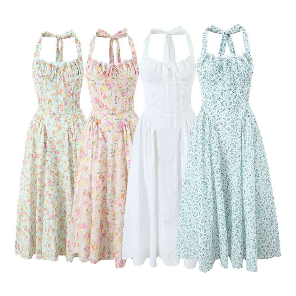 ZATRHMBM Women's 2024 New Fashion Foundation Lace Splicing Pressure Dress Retro Halter Collar Sleeveless Casual Long Dress