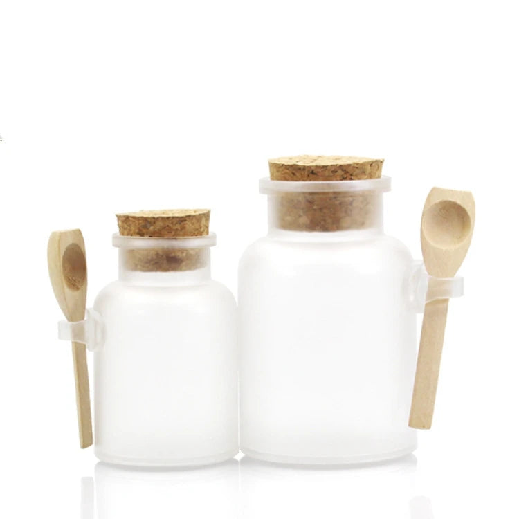 IBELONG 100g 200G 300G Empty Matte ABS Plastic Bath Salt Bottles Jars with Stainless Steel Wooden Spoon and Cork Lid Supplier