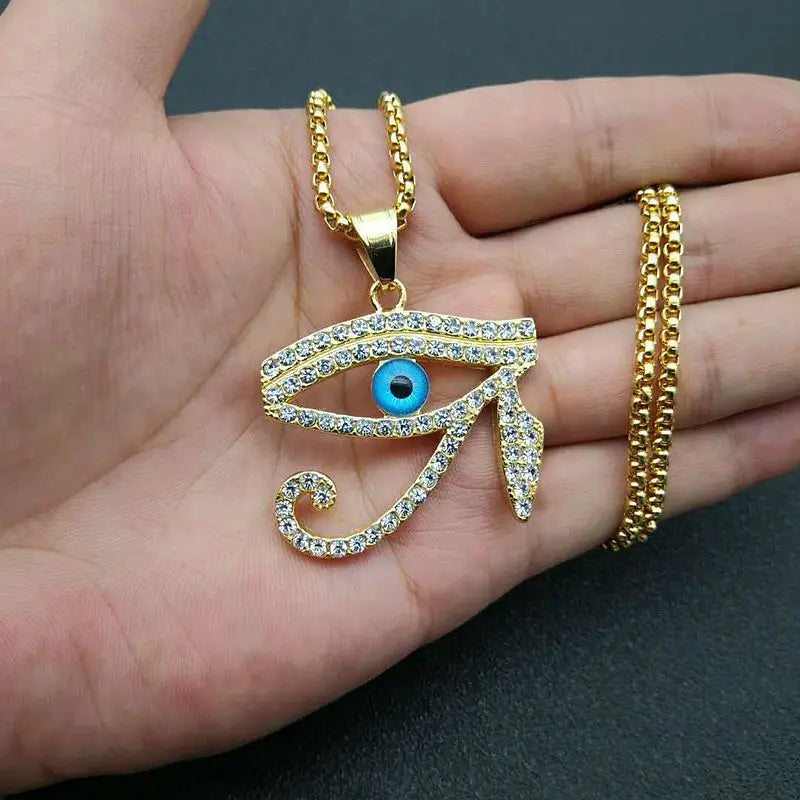 Gold Plated Stainless Steel Egyptian Religious Horus Blue Evil Eye Necklace Pendant Box Chain for Anniversary