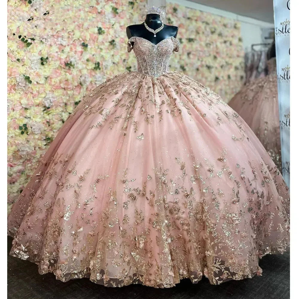 Detached Pink Birthday Party Robe Off the Shoulder Beaded Sparkly Puffy Sweet 16 Vestidos De 15 Quinceanera Dresses MQ629