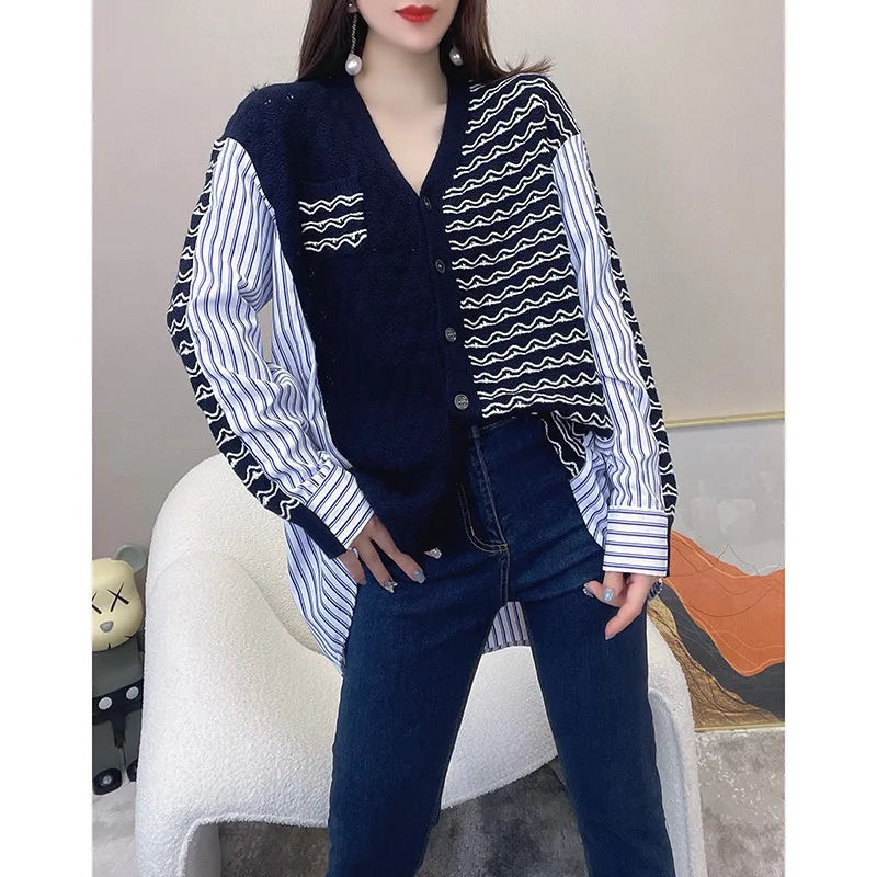 Women's New Fashion V-Neck Striped Knitted Sweater Jacket Simple Casual Wholesale Long-Sleeved Hollow Design for Autumn Season