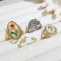 Korean Style Luxury Silver Gold Plated Tulip Jewelry Rings Fine Quality White Flower Adjustable CZ Rings Alloy Hand Hug Gifts