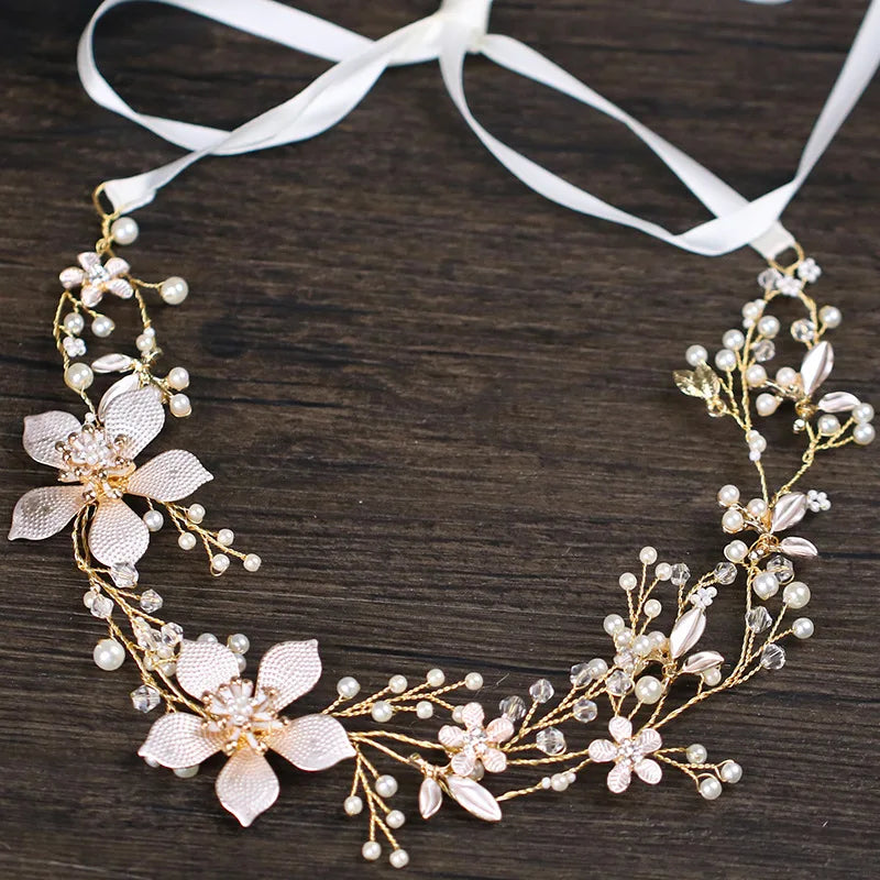 Morili Bridal Hair Jewelry Tiara and Crown Wedding Flower Pearl Leaf Headband Big Top Fashion for Women Queen Golden MTB7