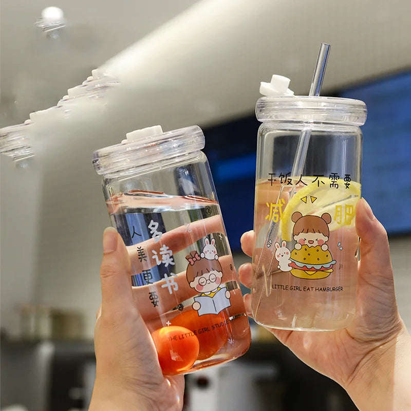 Custom logo Gift Cup Double Use Milky Tea Cup Student Creativity Transparent Glass Water Bottle with Straw