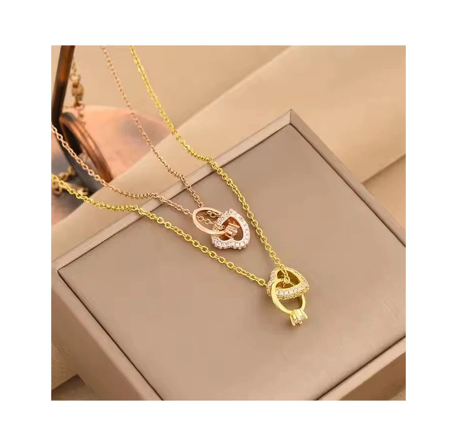 GT New Design Interlocking Circle Necklace Cubic Zirconia Stone Rings Stainless Steel Love Heart Pendant Necklace for Women