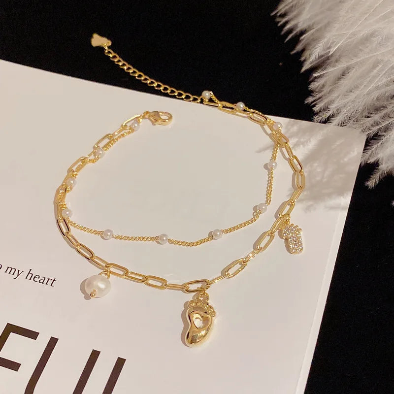 Handmade Bohemian Stainless Steel Anklet Cute Daisy Pearl Foot Chain LittleFee Women's Beach Jewelry for Gifts