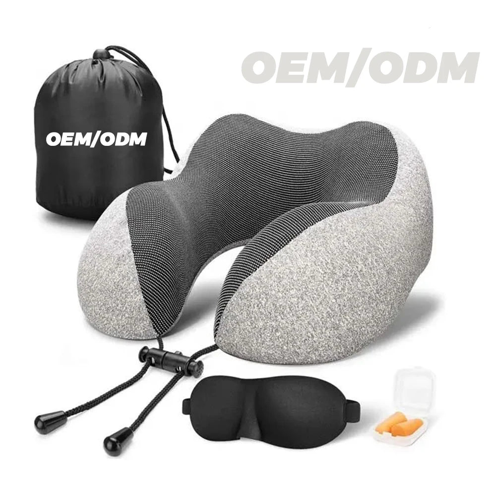 Multi-Functional 3-in-1 U Shape Travel Neck Pillow Memory Foam Eye Mask & Neck Rest Cushion Cooling Set for Airplane Use