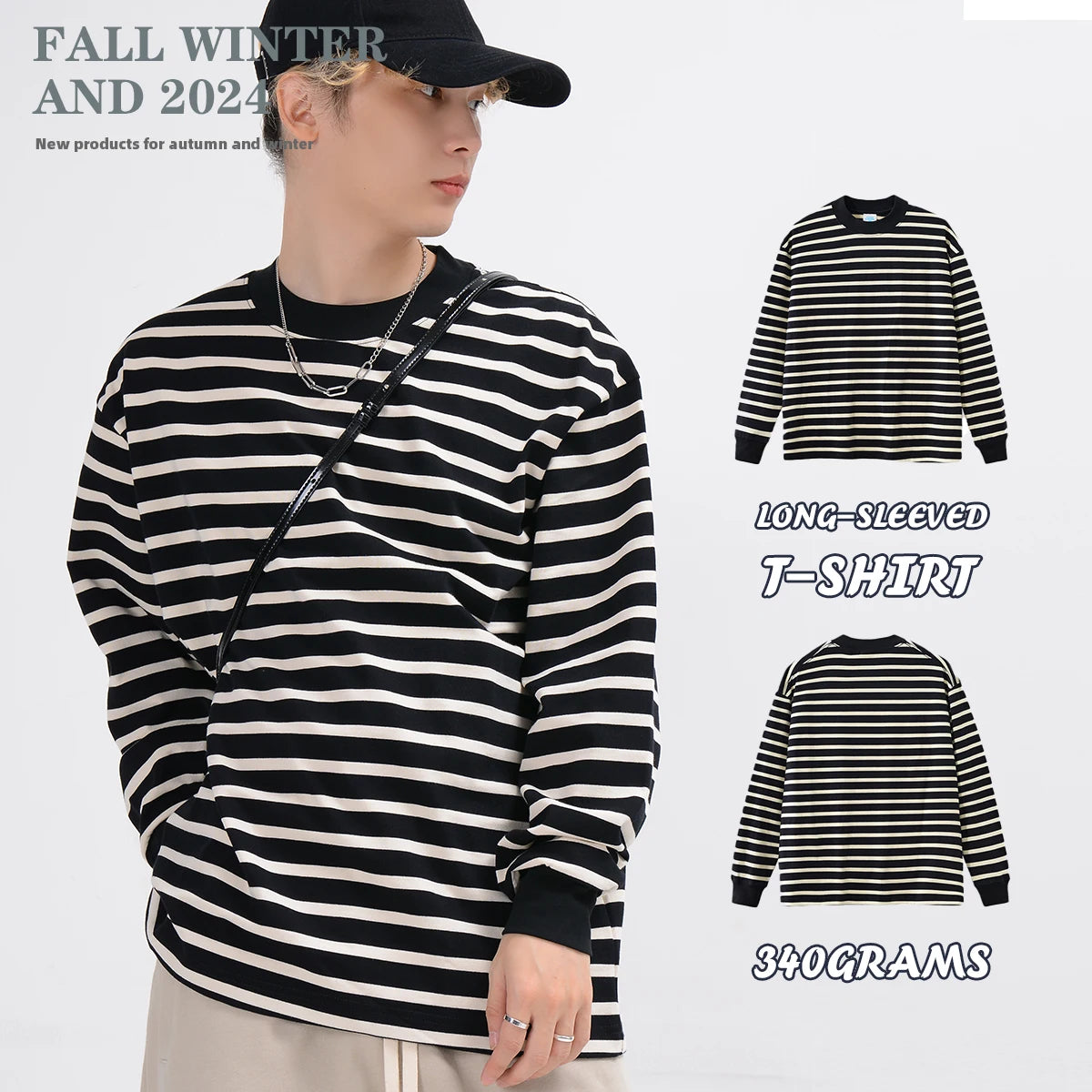 Custom 100% Cotton Heavy 340gsm Unisex Long Sleeve Loose T Shirt Mens Stripe T Shirts Couple Clothes