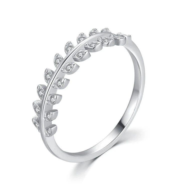 Fashion 925 Sterling Simple CZ Diamond Olive Branch Leaf Finger Rings for Women
