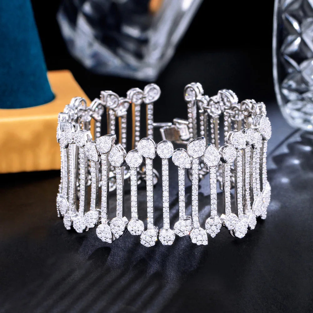 Expensive Super Luxury Full Cubic Zirconia Micro Pave Women Large Wide Bracelet Bangle for Ladies Wedding Event Bridal Party