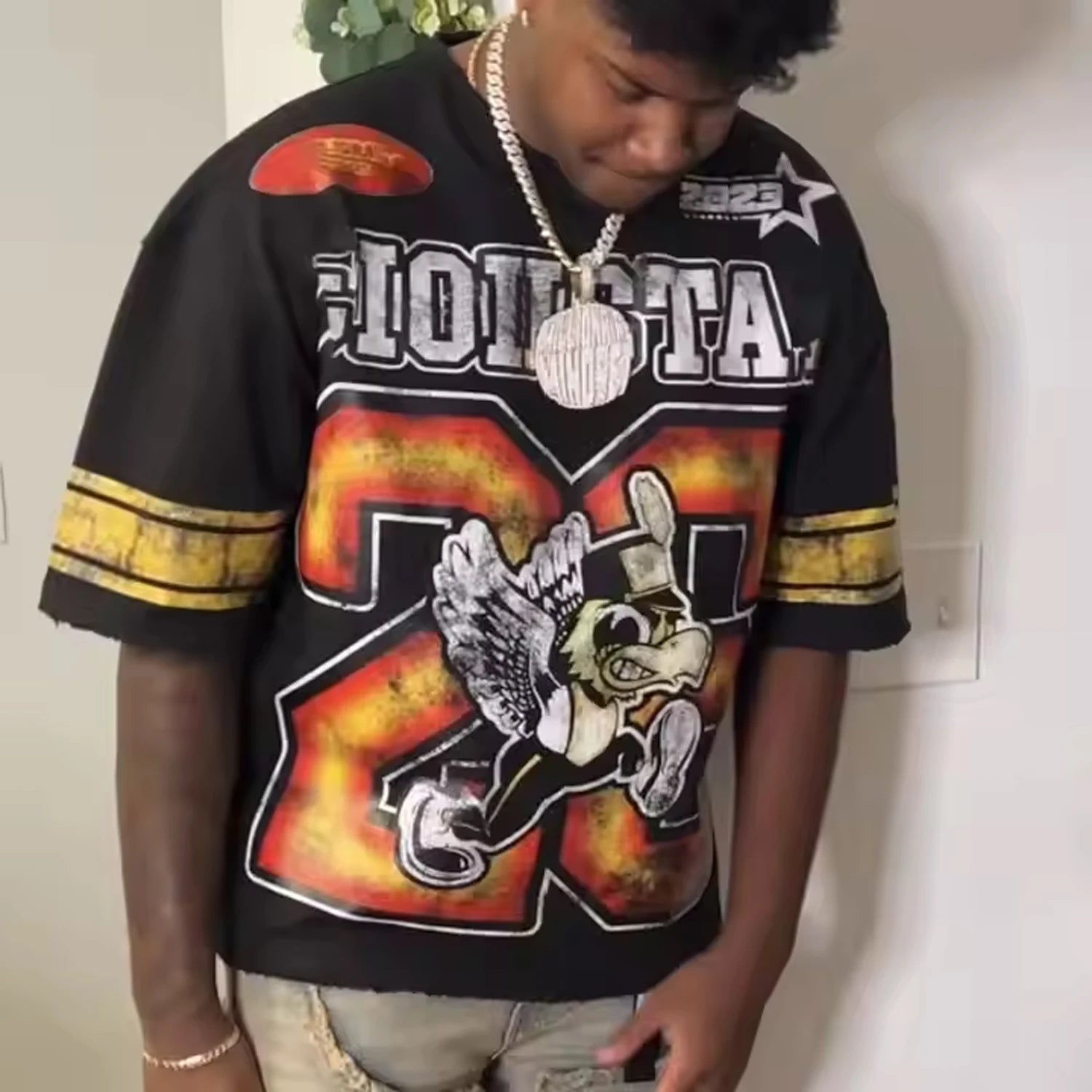 Custom Men's Short Football T-Shirt Black Cotton Oversized Boxy Graphic Distressed Heavyweight Acid Wash Jersey 200 Grams Woven