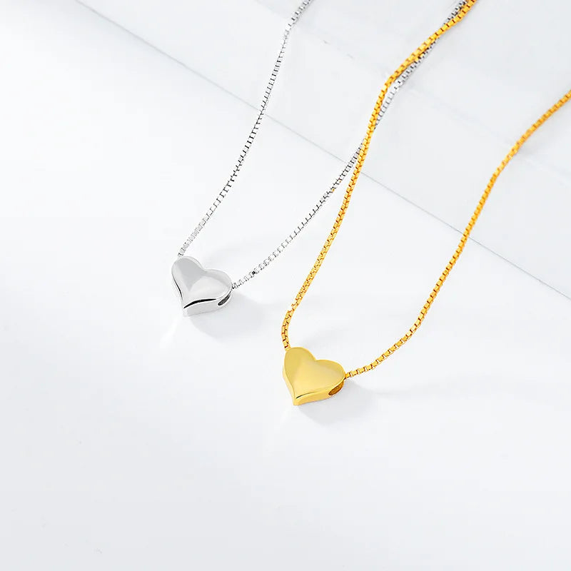 Love Heart Pendant Minimalist Gold Plated Box Chain Jewelry Women 925 Sterling Silver Necklaces