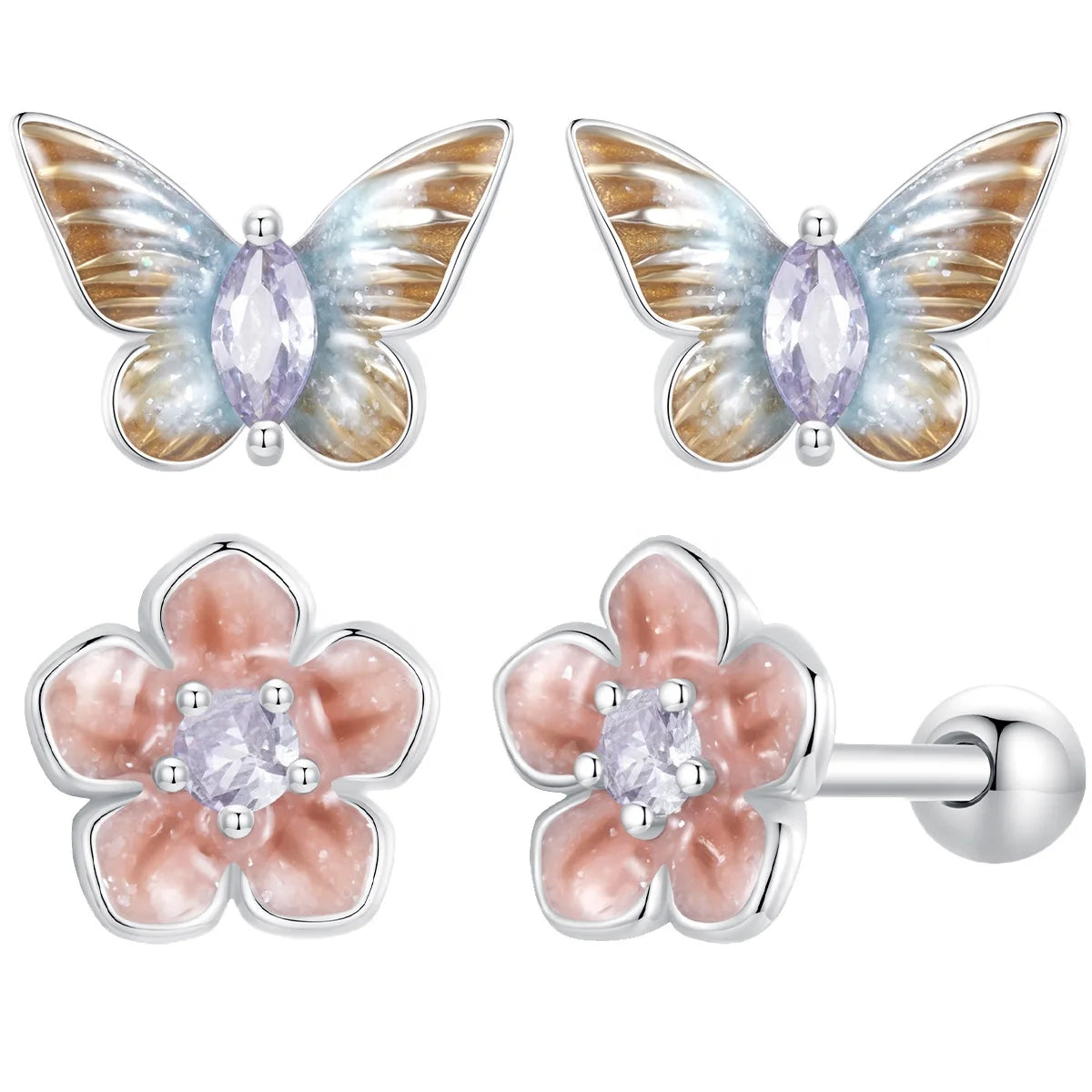 925 Silver Romantic Sakura Stud Earrings Butterfly Enamel Process Earrings Plated White Gold for Woman Party Fine Jewelry BSE992