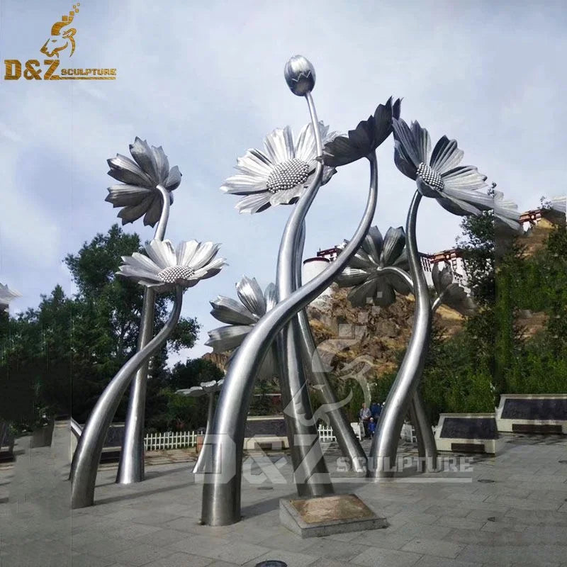 Custom Morden Outdoor Garden Decorate Metal Polish Art Flower Sculpture Large Stainless Steel Sunflower Sculpture