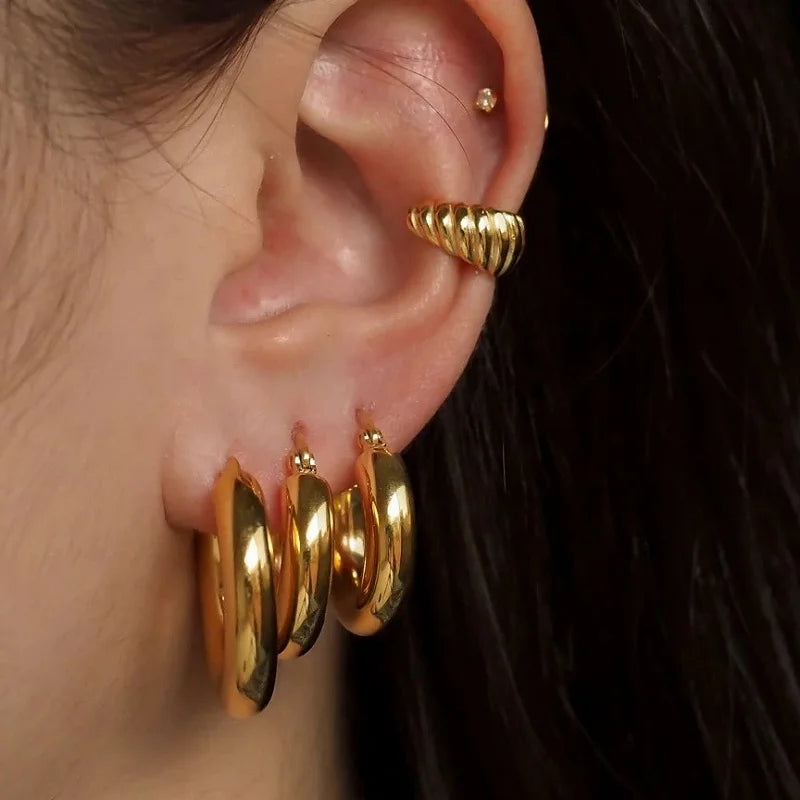 High End Minimalist Women Jewelry 18k Gold Plated Stainless Steel Hypoallergenic Chunky Thick Loop Hoop Earrings for Women