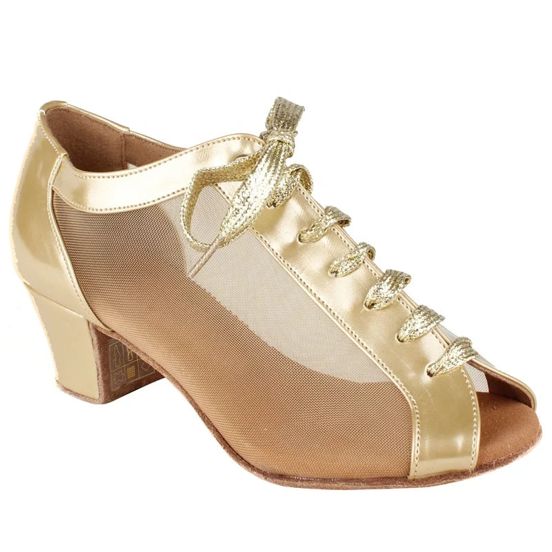 Evkoodance Women's Soft Gold Leather Mesh Dance Shoes 4.5cm Heel Height for Latin Salsa & Ballroom Dance