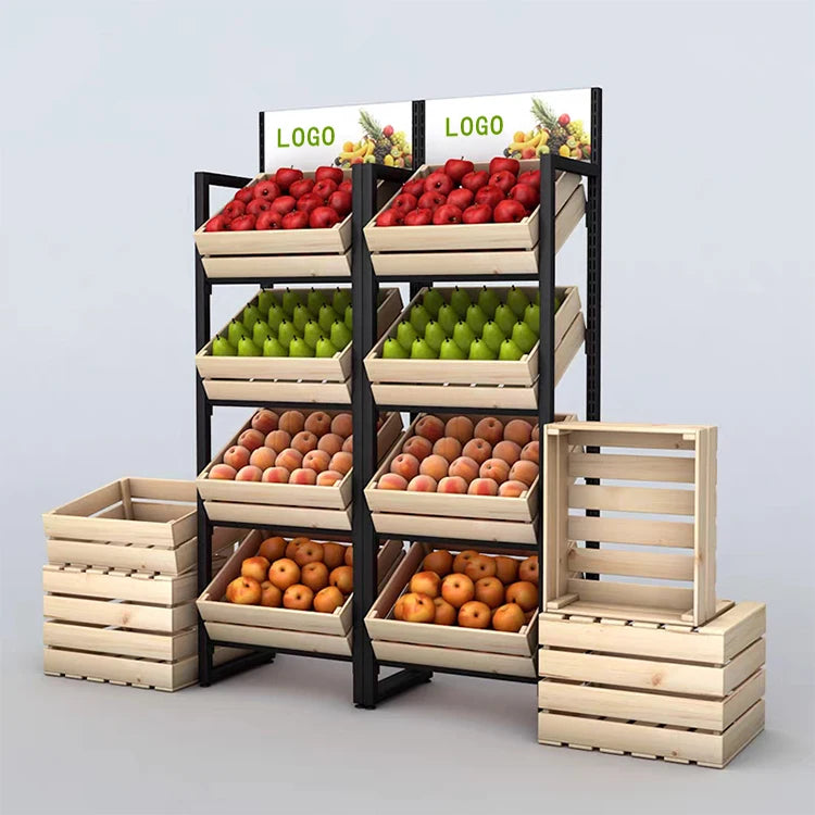 High Quality Customized Metal Supermarket Equipment Heavy-Duty Fruit Vegetable Display Racks with Quality Wood Shelf Storage