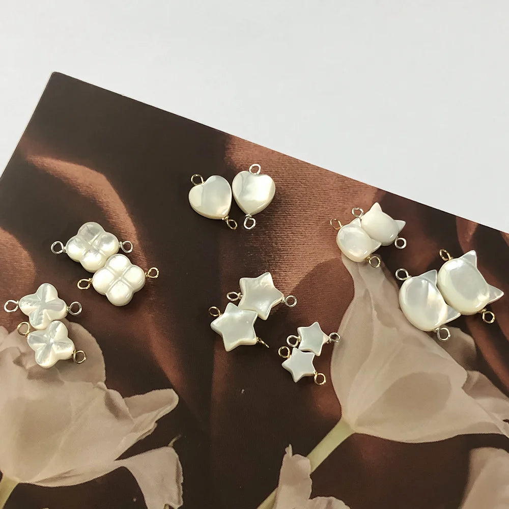 14K Gold Filled Wire Natural Shell Connectors Heart/Star/Cat Shaped S925 Silver Wire Charms Double Rings for DIY Jewelry Making