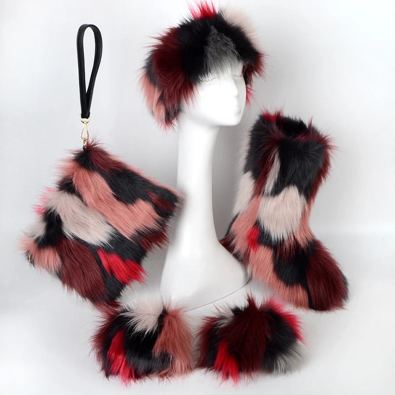 New Ladies Fashion Colorful Snow Boots Women Fluffy Plush Cotton Flat Shoes Fur Cuffs Winter Headband Furry Fur Boots Bag Set