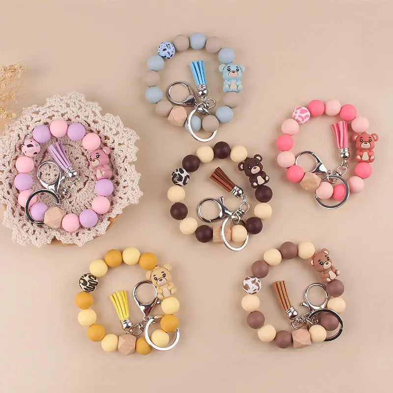 New Colorful 3D Silicone Animal Bear Beads Wrist Keychain Handmade DIY Leather Tassel Keyring for Bag Jewelry Accessories