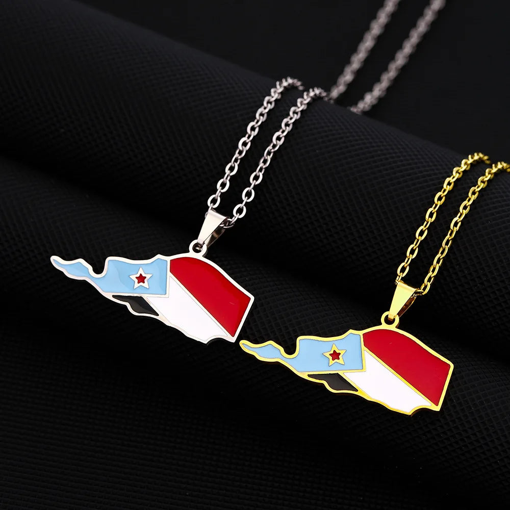 Manufacturer Enameled South Yemen Map Chain Necklace Stainless Steel 18K Gold Plated Enamel Yemen Flag Map Pendant Necklace